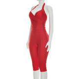 Women Spring/Summer Halter Neck Lace-up Backless Top and Solid Gathered 3/4 Length Pant Two-piece Set