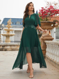 Women Irregular Lace-Sleeve V-Neck Embroidered Chiffon Maxi Dress