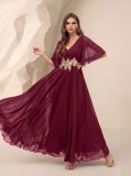 Women V-Neck Pleated Embroidered Chiffon Dress