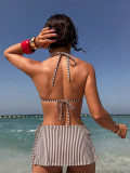 Women's Halter Neck Lace-Up Sexy One-Piece Swimsuit Skirt Set