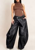 Women Washed Denim Wide Leg Pants With Pockets