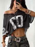 American Retro Sporty Digital Print Off-Shoulder Mesh Jersey Top