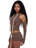 Women's Hooded Zip Pocket Top & Shorts Casual Sports Three-Piece Set