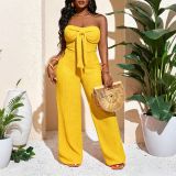 Holidays Women's Bowknot Strapless Textured Wide Leg Jumpsuit