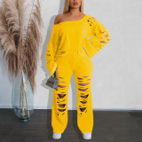 Women's Ripped Off-Shoulder Long Sleeve Top & Ripped Pants Sports Two-Piece Set