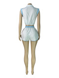 Women's Striped Print Half-Zip Sleeveless Top & Patchwork Shorts Two-Piece Set