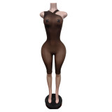 Women Slash Shoulder Glossy Bell Bottom 3/4 Jumpsuit