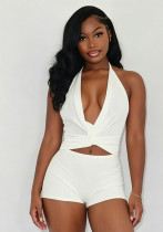 Women V-Neck Halter Neck Tie-Waist Crop Top and Sequined Shorts Two-Piece Set Women V-Neck Halter Neck Tie-Waist Crop Top and Sequined Shorts Two-Piece Set