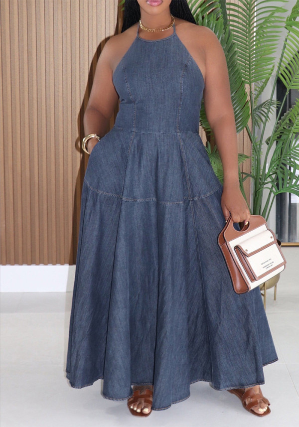 Spring Summer Women's Sleeveless Denim Maxi Dress