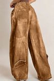 Women Washed Denim Wide Leg Pants With Pockets