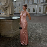 Women Summer Satin V Neck Waist-cinching Dress