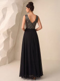 Women Deep V-Neck Sleeveless Sequined Patchwork Chiffon Maxi Dress