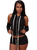 Women's Hooded Zip Pocket Top & Shorts Casual Sports Three-Piece Set