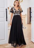 Women V-Neck Bubble Short Sleeve Mesh Pattern Patchwork Chiffon Dress