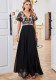Women V-Neck Bubble Short Sleeve Mesh Pattern Patchwork Chiffon Dress
