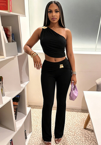 Women Metallic One-Shoulder Gathered Top and Bell Bottom Pant Two-Piece Set