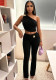 Women Metallic One-Shoulder Gathered Top and Bell Bottom Pant Two-Piece Set