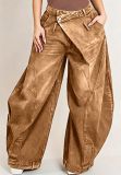 Women Washed Denim Wide Leg Pants With Pockets