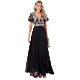 Women V-Neck Bubble Short Sleeve Mesh Pattern Patchwork Chiffon Dress