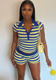 Summer Women's Turndown Collar Striped T-Shirt & Sports Shorts Set
