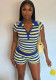 Summer Women's Turndown Collar Striped T-Shirt & Sports Shorts Set