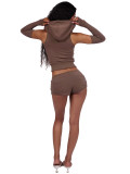 Women's Hooded Zip Pocket Top & Shorts Casual Sports Three-Piece Set