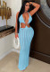 Holidays Women's Hollow Knit Halter Neck Deep V Chain Low Back Beach Cover-Up Maxi Dress