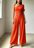 Women Spring/Summer One-Shoulder Sleeve Solid Jumpsuit
