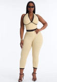 Women Halter Neck Lace-Up Backless Tie-Waist Solid Top and Three-Quarter Pant Two-Piece Set