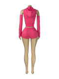 Women's Hooded Zip Pocket Top & Shorts Casual Sports Three-Piece Set