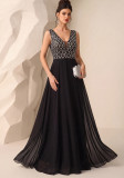 Women Deep V-Neck Sleeveless Sequined Patchwork Chiffon Maxi Dress