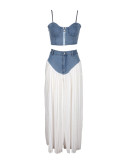 Women's V-Neck Zip Tank Top & Ruched Patchwork Denim Wide Leg Pants Set