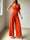 Women Spring/Summer One-Shoulder Sleeve Solid Jumpsuit