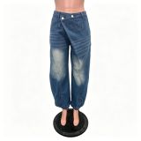 Women Washed Denim Wide Leg Pants With Pockets