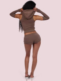 Women's Hooded Zip Pocket Top & Shorts Casual Sports Three-Piece Set