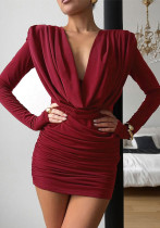 Women Slender Neck Solid Simple V-Neck Bodycon Dress Women Slender Neck Solid Simple V-Neck Bodycon Dress