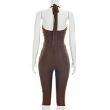 Women Spring/Summer Halter Neck Lace-up Backless Top and Solid Gathered 3/4 Length Pant Two-piece Set