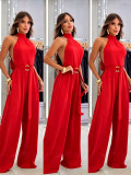 Women's Sexy Sleeveless Halter Neck High Neck Low Back Belted Wide Leg Jumpsuit