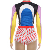 Women Summer Hip Hop Color-Blocked Top Polka Dot and Drawstring Shorts Two-Piece Set