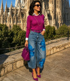 Women Floral Denim Cropped Pant