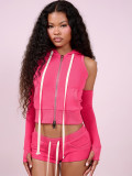Women's Hooded Zip Pocket Top & Shorts Casual Sports Three-Piece Set