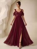 Women Sequin Patchwork Slit Chiffon Maxi Dress