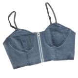 Women's V-Neck Zip Tank Top & Ruched Patchwork Denim Wide Leg Pants Set