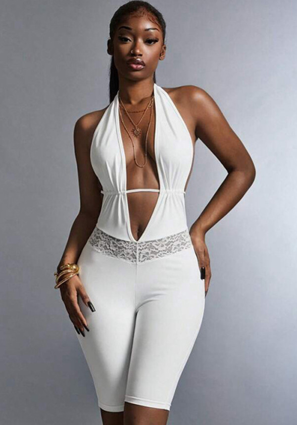 Women Halter Neck Backless Lace-up V-neck Patchwork Lace 3/4 Length Jumpsuit