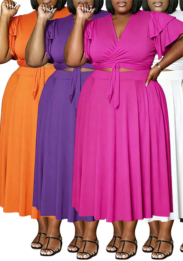 Women's Plus Size V-Neck Pocket Tie-Waist Ruffle Sleeve Skirt Set