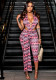 Women Summer Halter Neck Print Hollow-out Gathered Ribbon 3/4 Length Jumpsuit