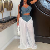Women's V-Neck Zip Tank Top & Ruched Patchwork Denim Wide Leg Pants Set