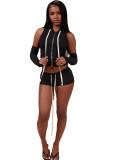 Women's Hooded Zip Pocket Top & Shorts Casual Sports Three-Piece Set