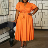 Women's Plus Size V-Neck Pocket Tie-Waist Ruffle Sleeve Skirt Set