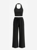 Women's Halter Neck Slim Fit Tank Top & Drawstring Wide Leg Pants Casual Sports Set